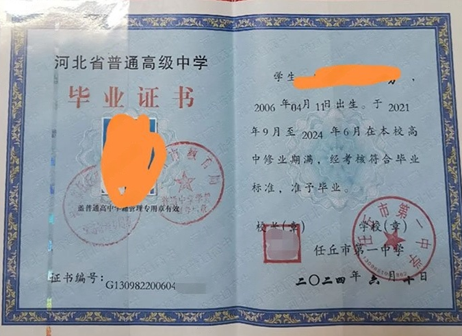 开封任丘市第一中学高中毕业证样本图片